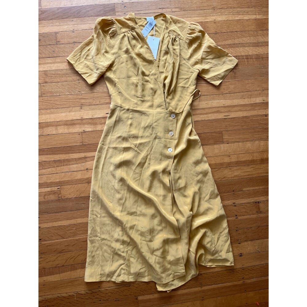 Wilfred Mustard yellow sand washed silk Mirabelle midi v-neck dress $228 NWT 4
